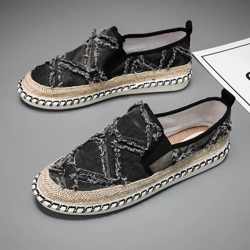 2024 Nuevos mocasines negros moda hechas a mano hombres planos zapatos de lona casual pescador transpirable alpartrilles hombre 