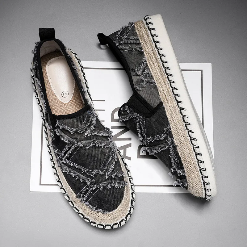 2024 Nuevos mocasines negros moda hechas a mano hombres planos zapatos de lona casual pescador transpirable alpartrilles hombre 