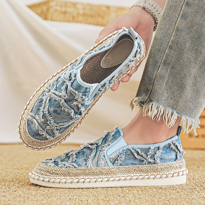 2024 Nuevos mocasines negros moda hechas a mano hombres planos zapatos de lona casual pescador transpirable alpartrilles hombre 