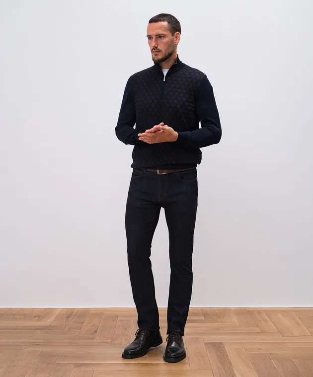 Bertolo Cashmere Blue wool and silk jumper in a woven pattern