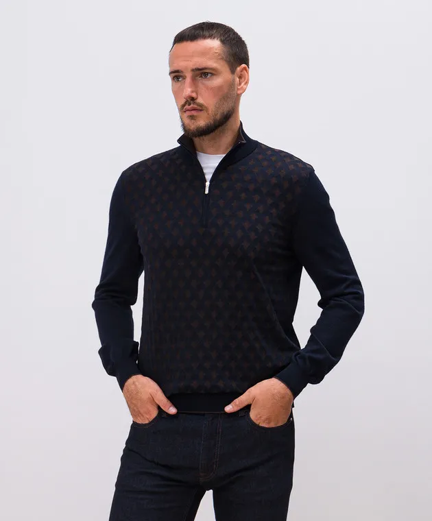 Bertolo Cashmere Blue wool and silk jumper in a woven pattern