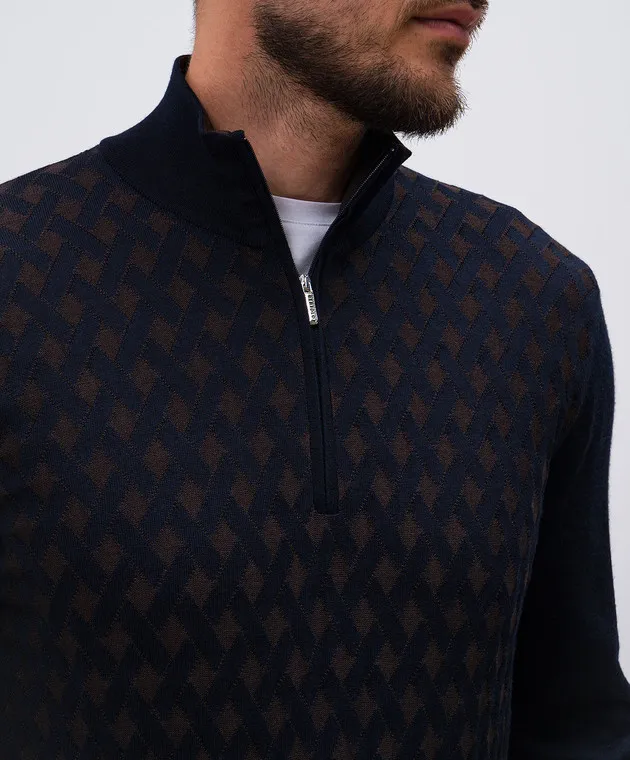 Bertolo Cashmere Blue wool and silk jumper in a woven pattern