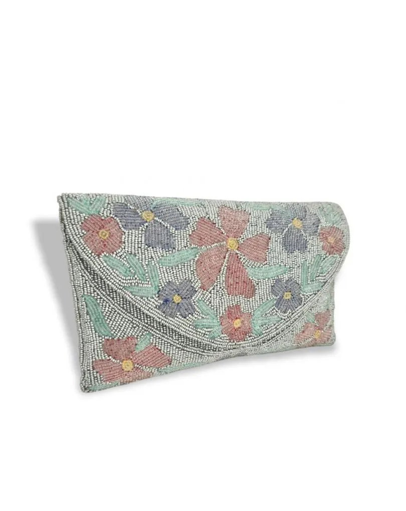 BOLSO DE FIESTA PARA MUJER CON FLORES EN ABALORIOS Y ROCALLAS