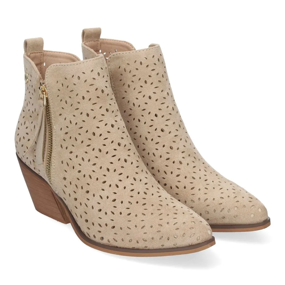 Botines de Tacón Campero color Beige para Mujer Primavera Verano Diseño Perforado con Doble Cremalle