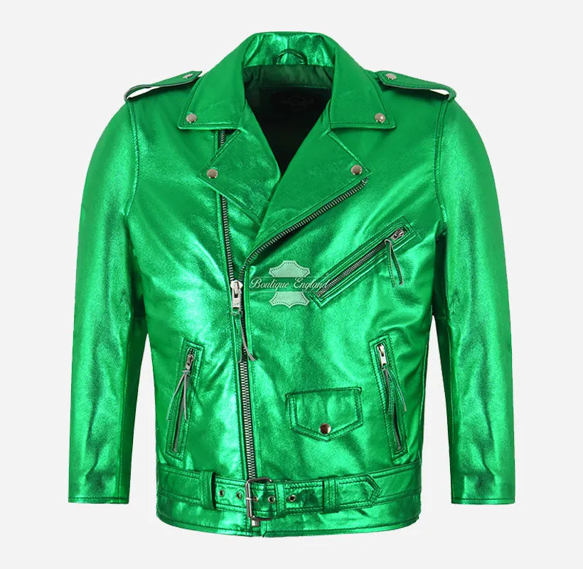 BRANDO Men's Green Metallic Leather Biker Jacket
