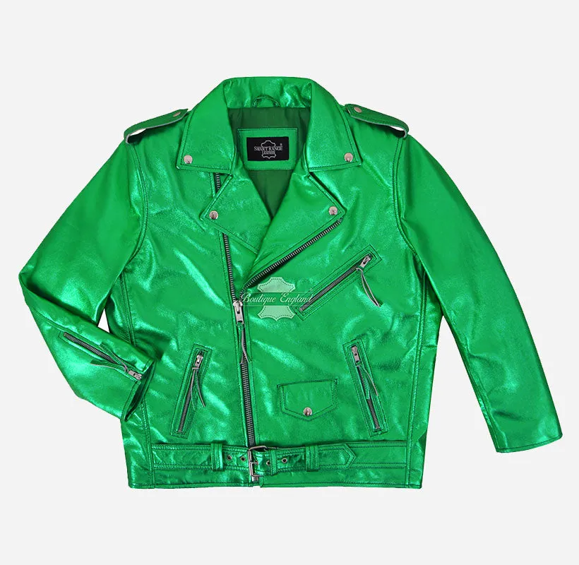 BRANDO Men's Green Metallic Leather Biker Jacket
