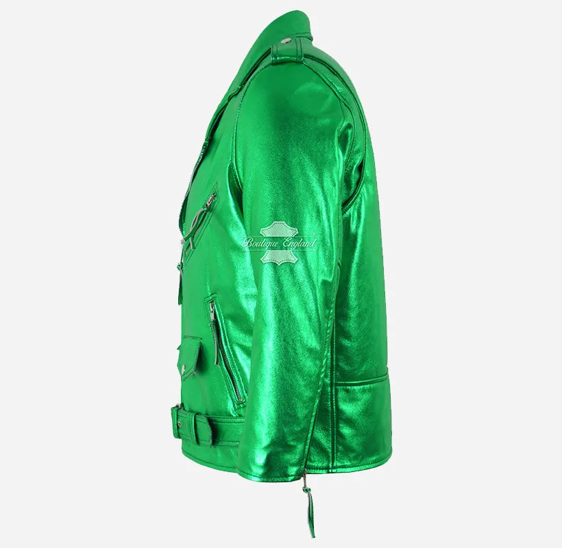 BRANDO Men's Green Metallic Leather Biker Jacket