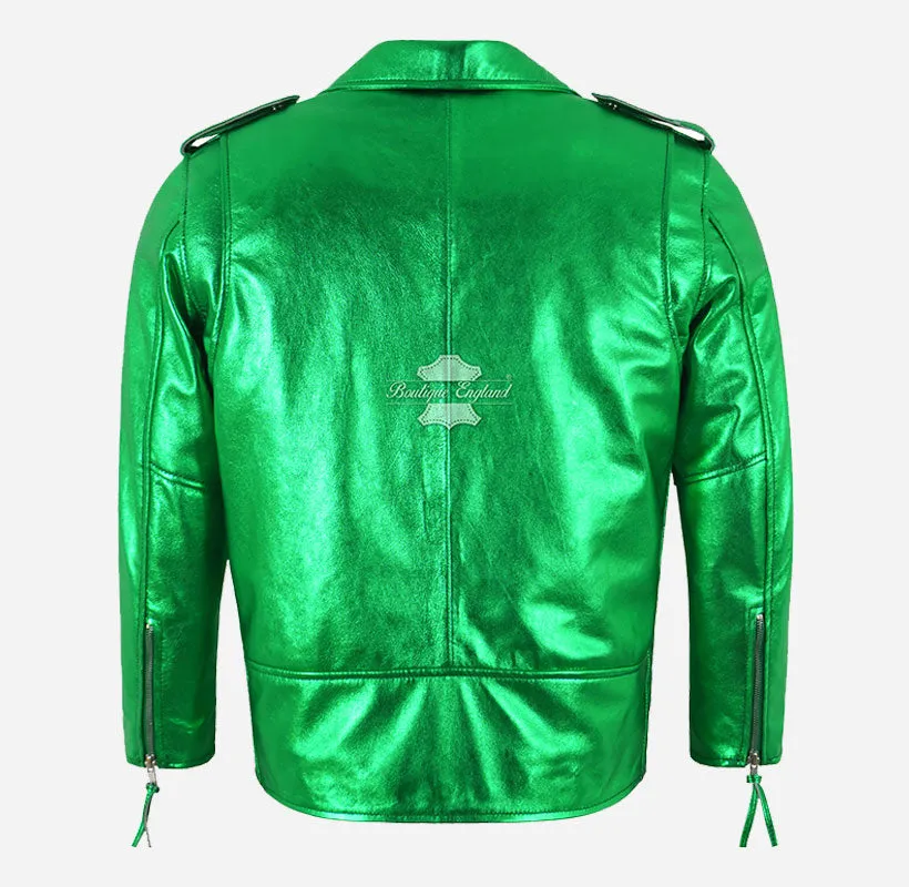 BRANDO Men's Green Metallic Leather Biker Jacket