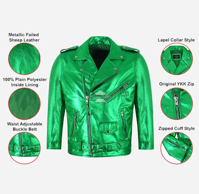 BRANDO Men's Green Metallic Leather Biker Jacket