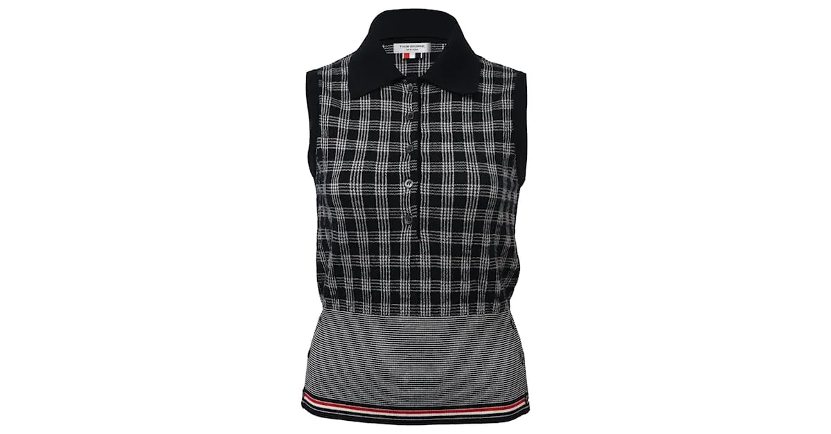 Camisa sin mangas con estampado a cuadros en lana merina negra de Thom Browne 
