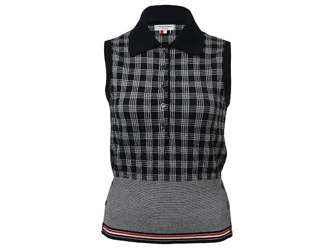 Camisa sin mangas con estampado a cuadros en lana merina negra de Thom Browne 