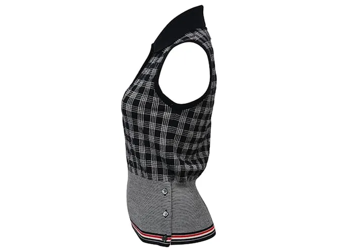 Camisa sin mangas con estampado a cuadros en lana merina negra de Thom Browne 