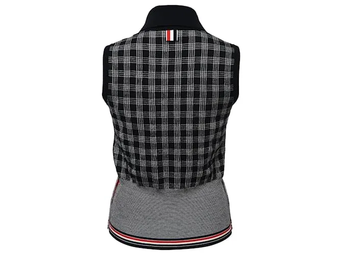 Camisa sin mangas con estampado a cuadros en lana merina negra de Thom Browne 
