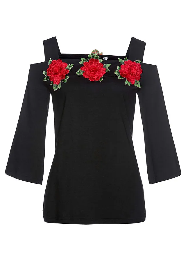 CAMISETA CON HOMBROS AL DESCUBIERTO NEGROROJO DE FLORES