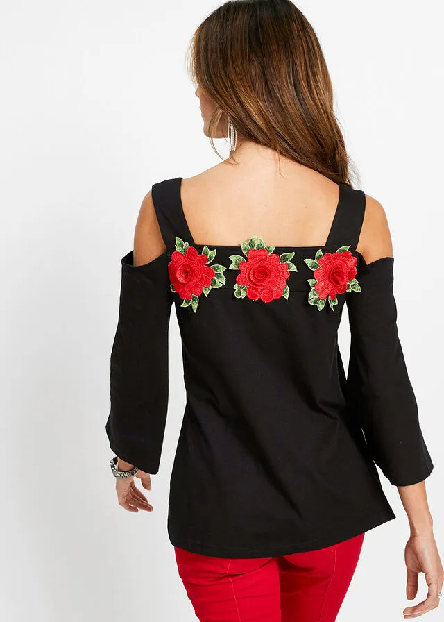 CAMISETA CON HOMBROS AL DESCUBIERTO NEGROROJO DE FLORES