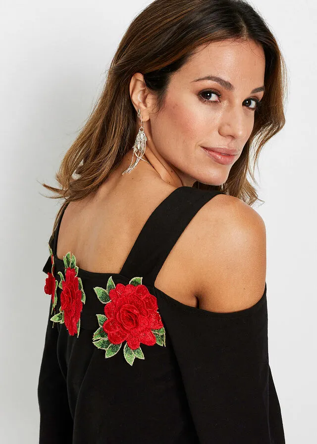 CAMISETA CON HOMBROS AL DESCUBIERTO NEGROROJO DE FLORES