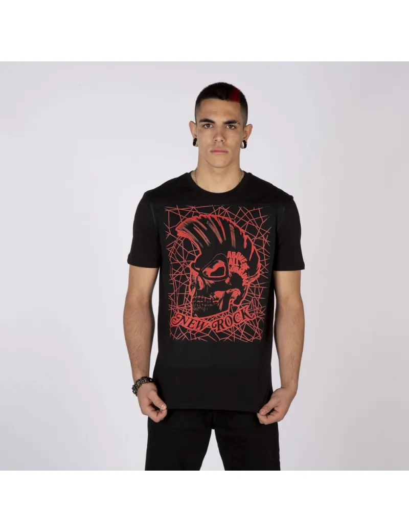 Camiseta original NEWROCK negra con calavera y fondo rojo rallado