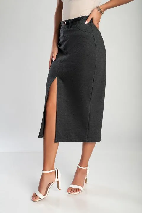 Elegante falda midi con cinturón, gris
