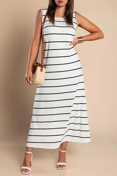 Maxi vestido con estampado de rayas, blanco
