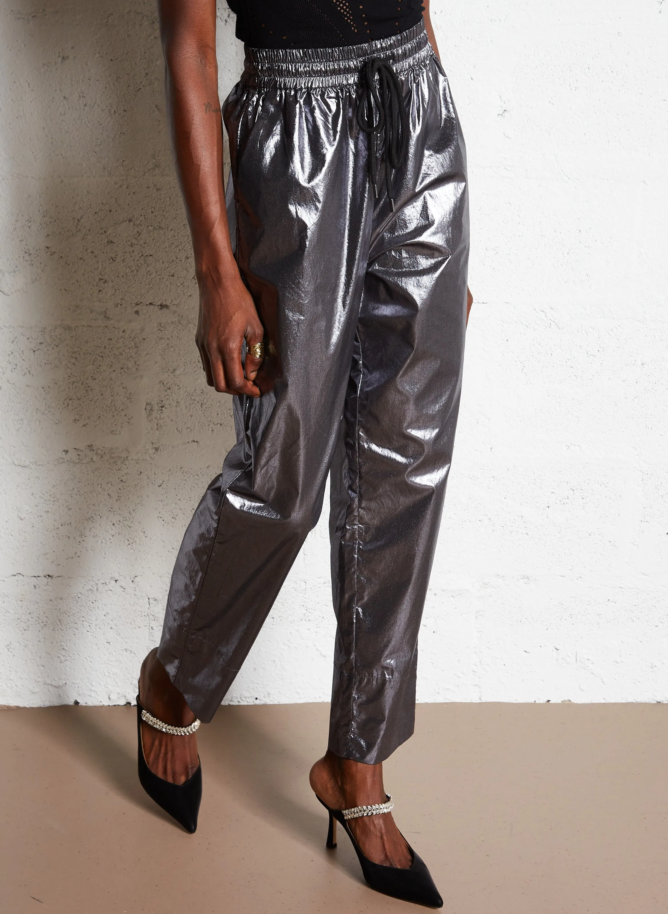 MES DEMOISELLES ELTA  PANTALóN RECTO DE ALGODóN METALIZADO EN PLATA
