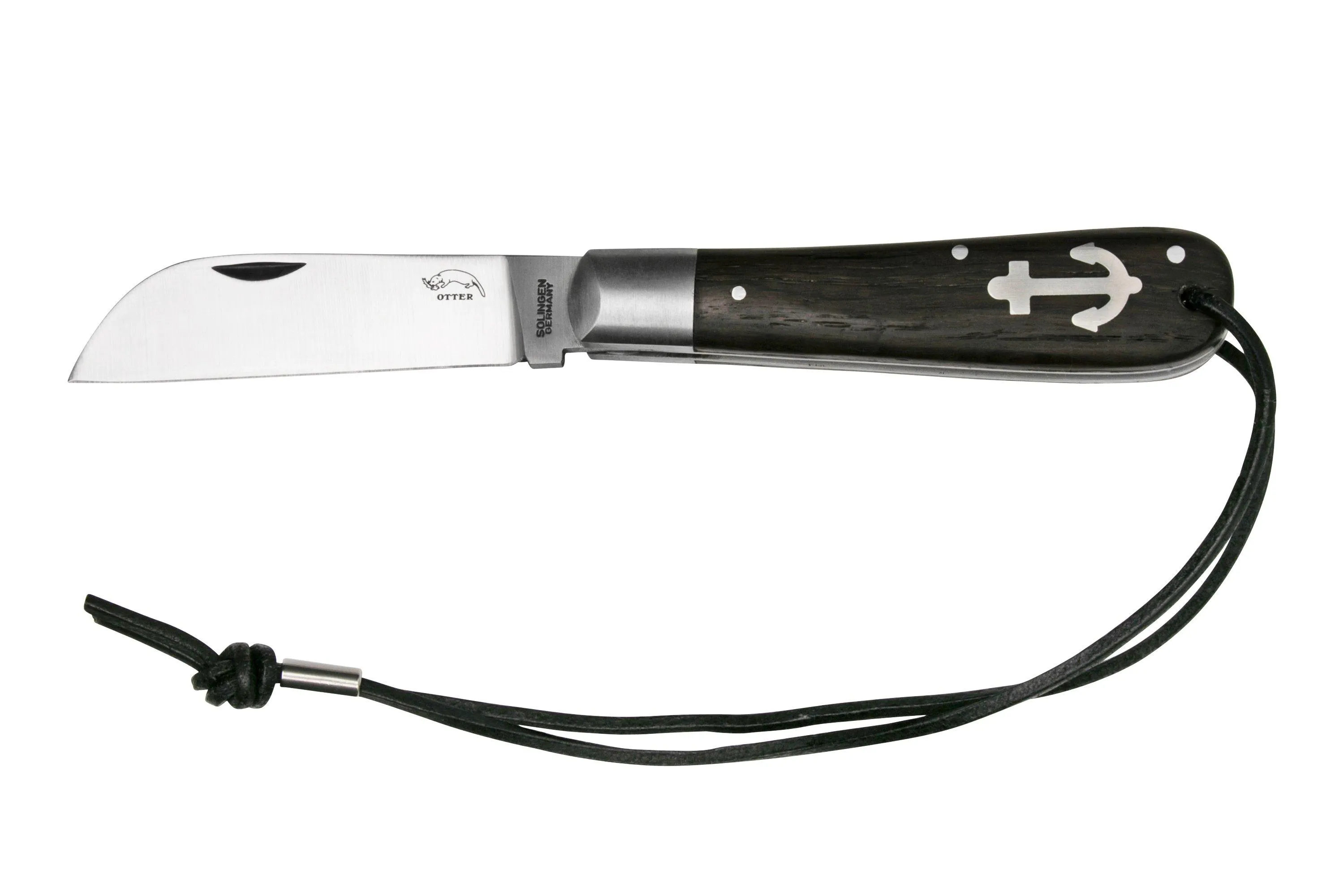 Otter Anchor Knife 172 LB Large Carbon, Smoked Oak, Stainless Anchor, Leather Strap, navaja
