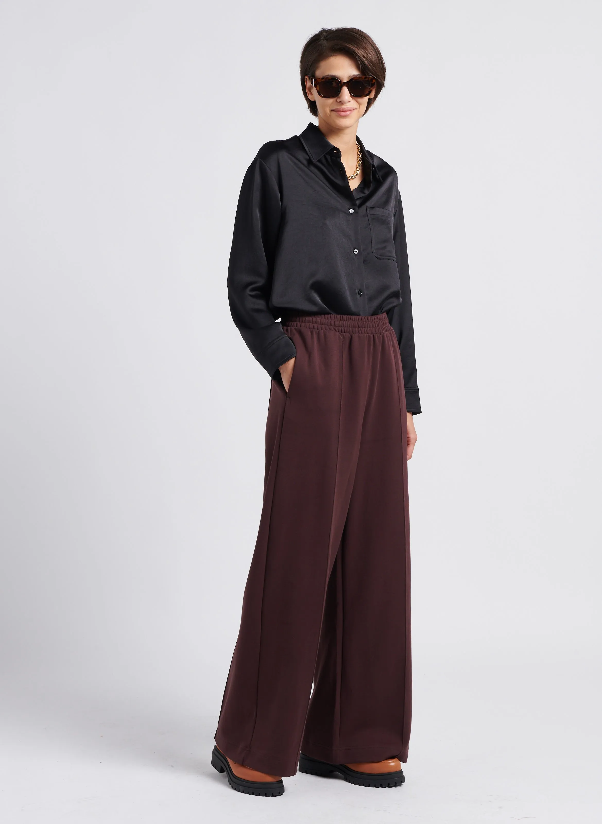 Pantalón de jogging ancho de mezcla de algodón en marron