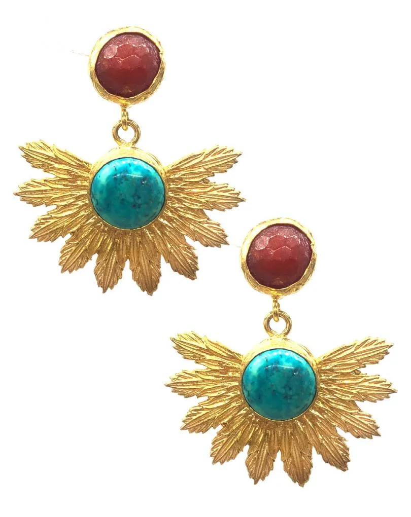 PENDIENTES BAÑADOS EN ORO CON PIEDRAS NATURALES BICOLOR BURDEOS Y TURQUESA