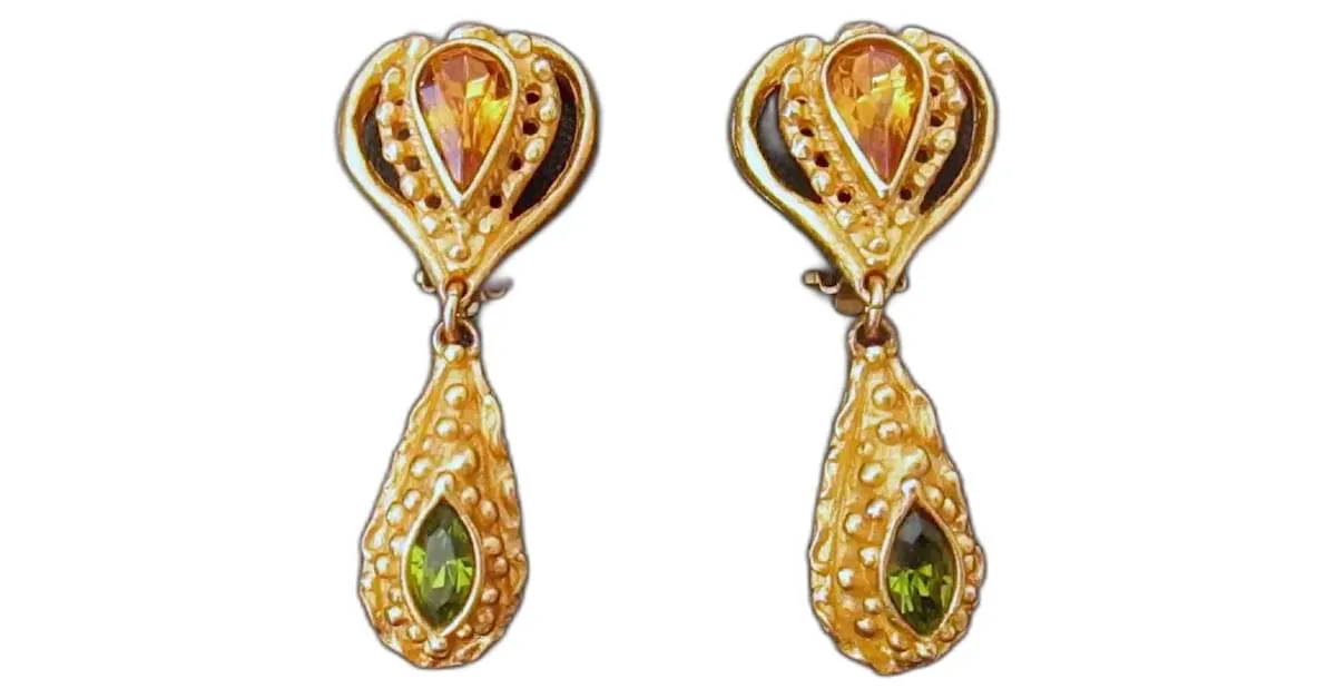 PENDIENTES VINTAGE CHRISTIAN LACROIX 1980 CHAPADOS EN ORO CON CRISTALES VERDENARANJA DE CLIP DORADO 