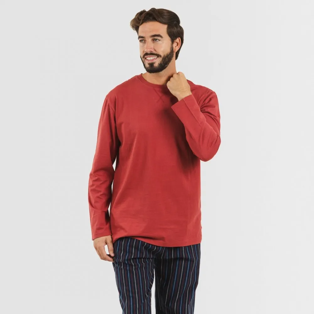 Pijama hombre franela Raya San Luis burdeos