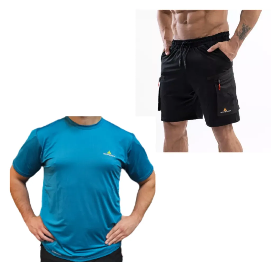 Remera Deportiva Rehodry Hombre Turquesa + Short Cargo C/Bolsillos Shcargo Negro