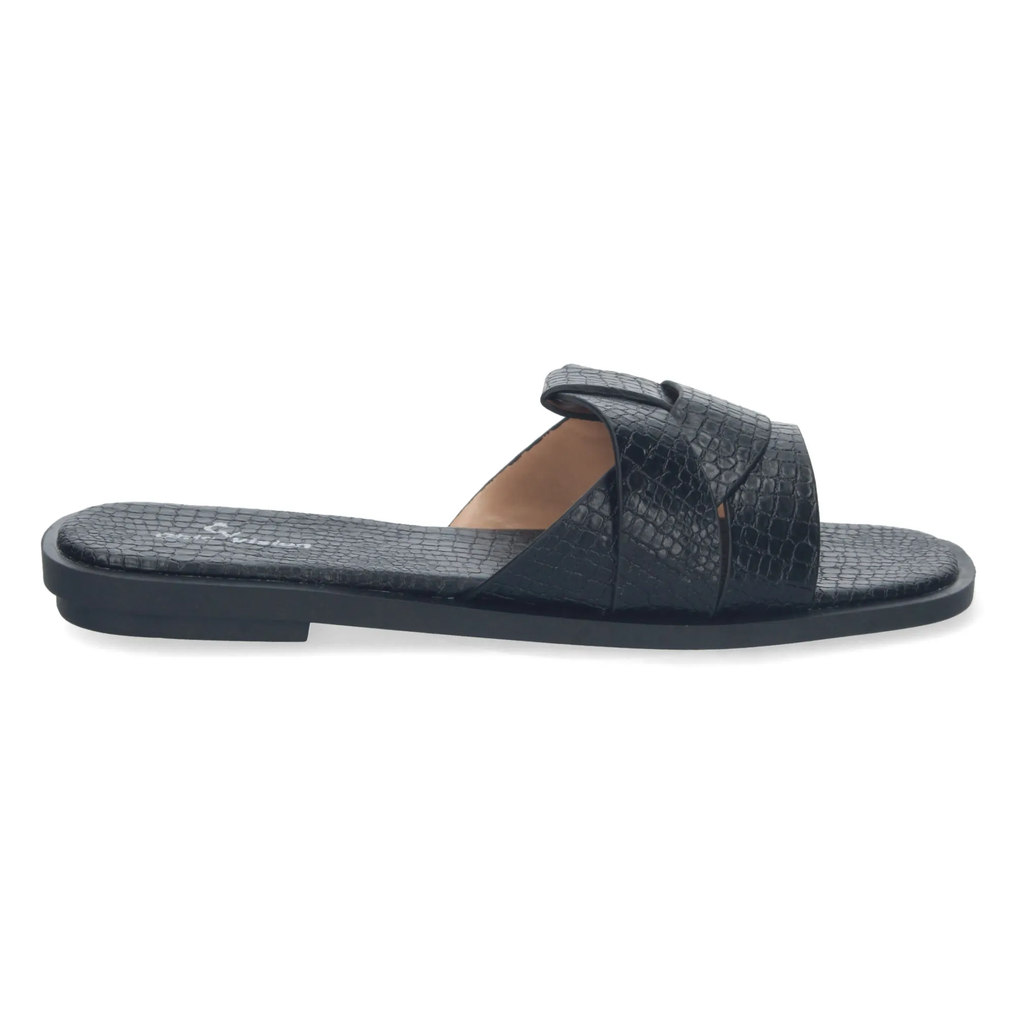 Sandalias planas pala cruzada estampado cocodrilo mujer color negro