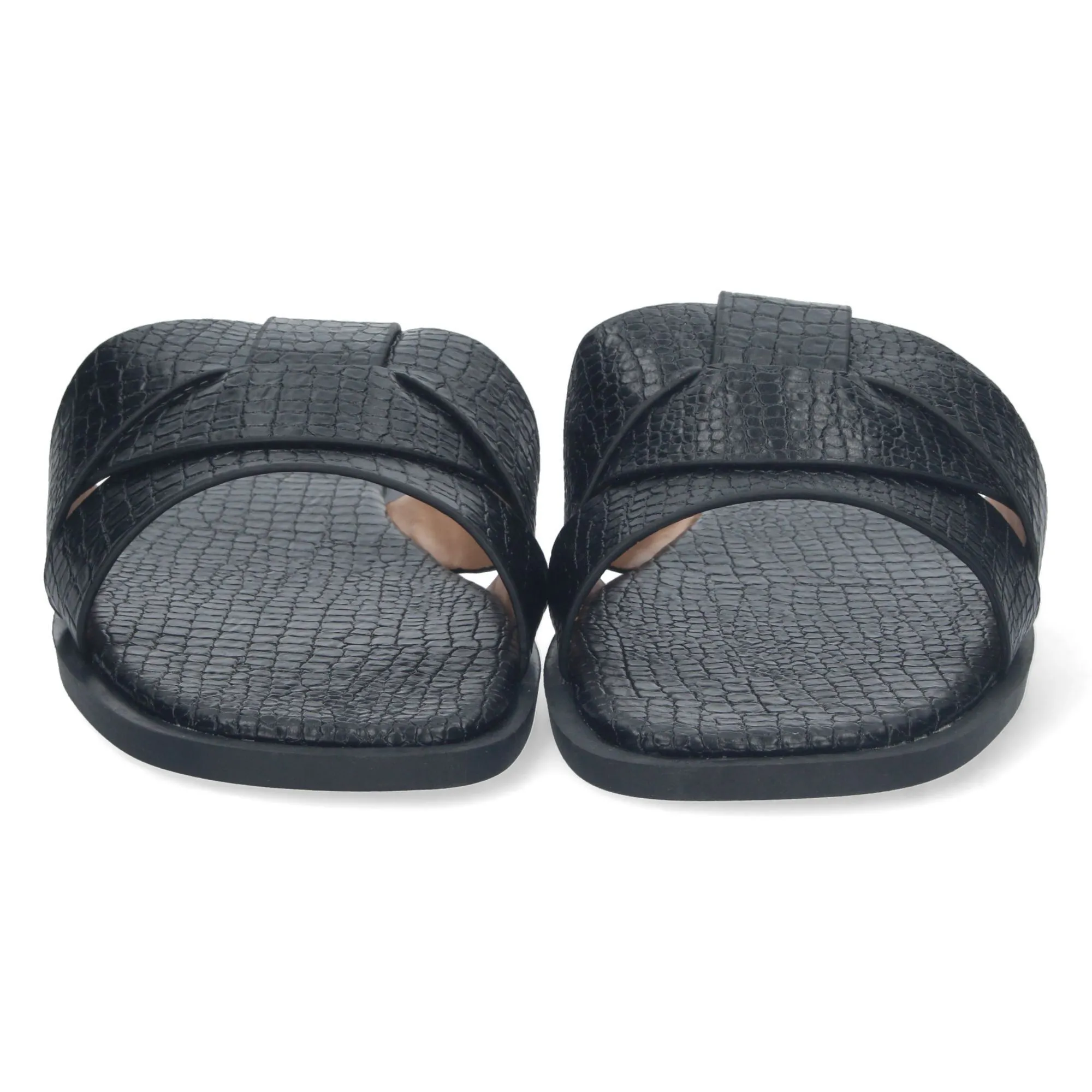 Sandalias planas pala cruzada estampado cocodrilo mujer color negro