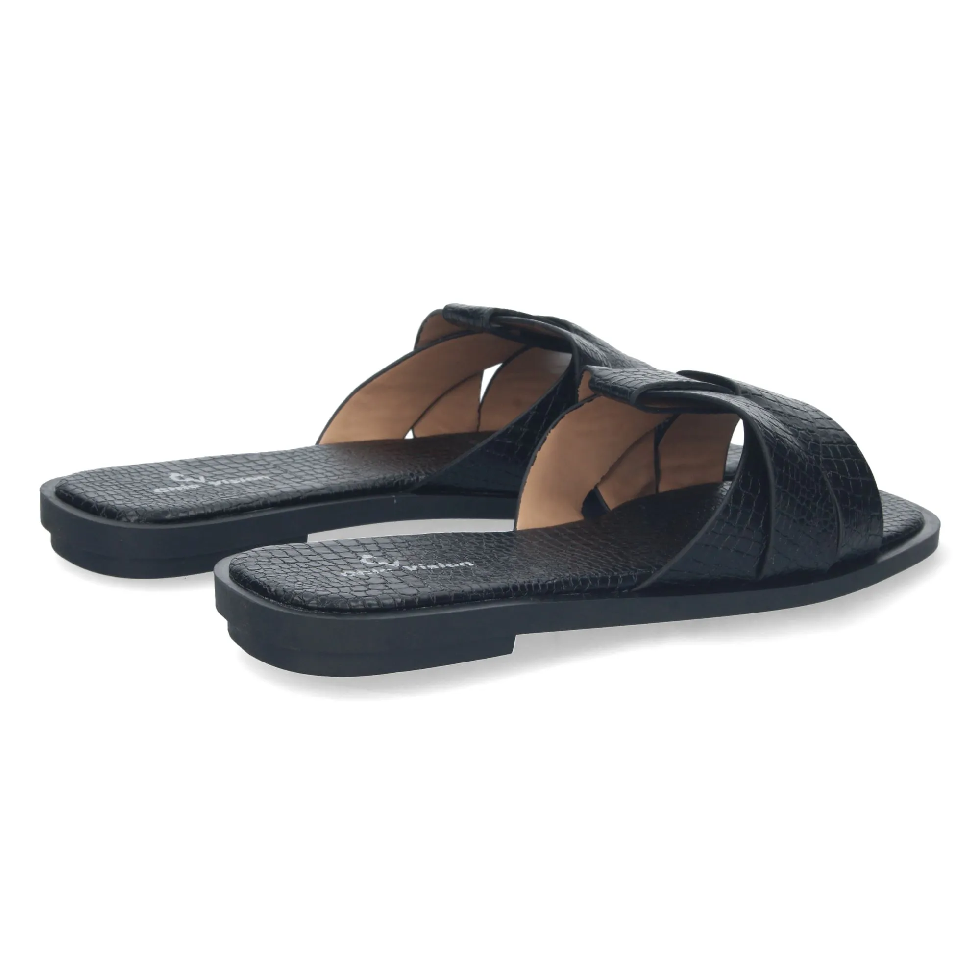 Sandalias planas pala cruzada estampado cocodrilo mujer color negro