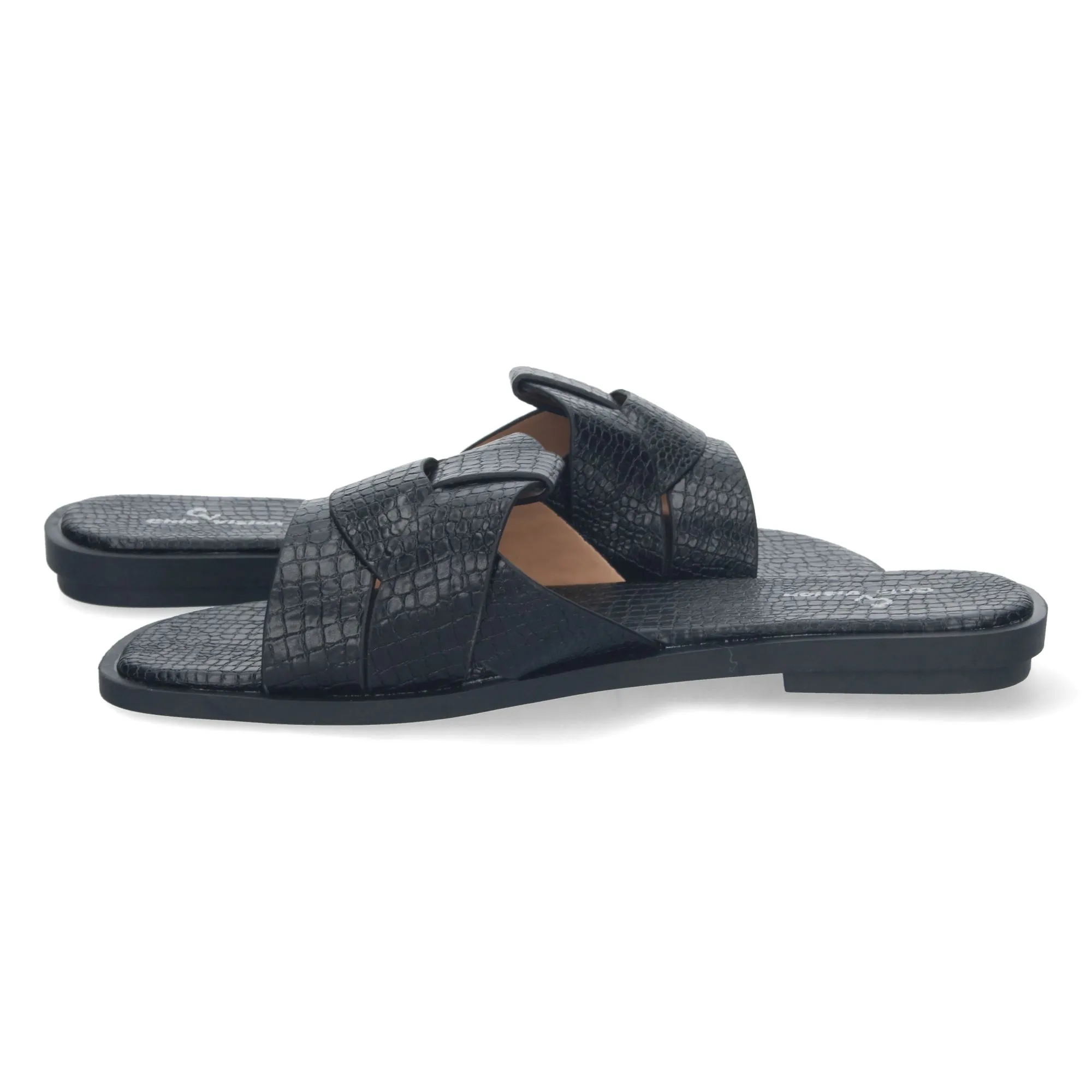 Sandalias planas pala cruzada estampado cocodrilo mujer color negro