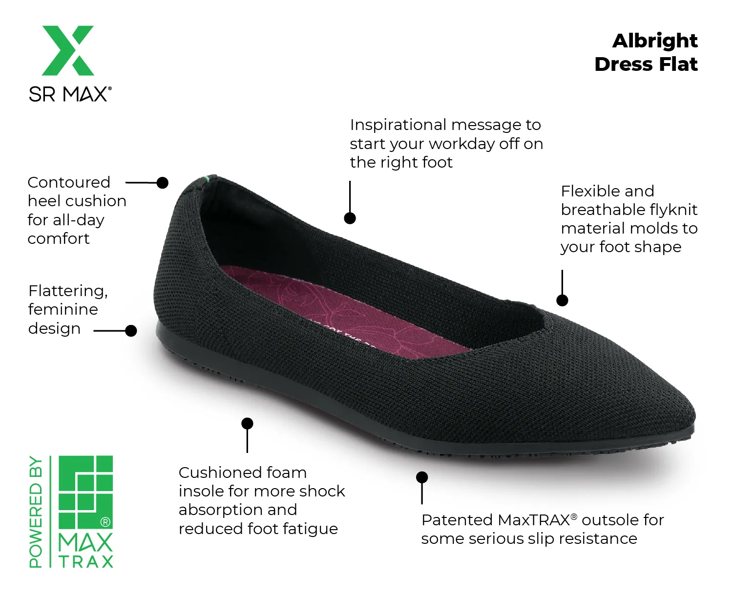 SR MAX Zapato de trabajo con puntera blanda, antideslizante MaxTRAX, estilo de vestir plano, negro, de mujer, SR Max Albright