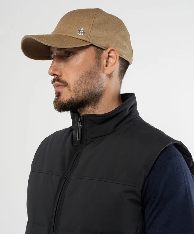 Stefano Ricci Beige cashmere cap with metallic brand logo