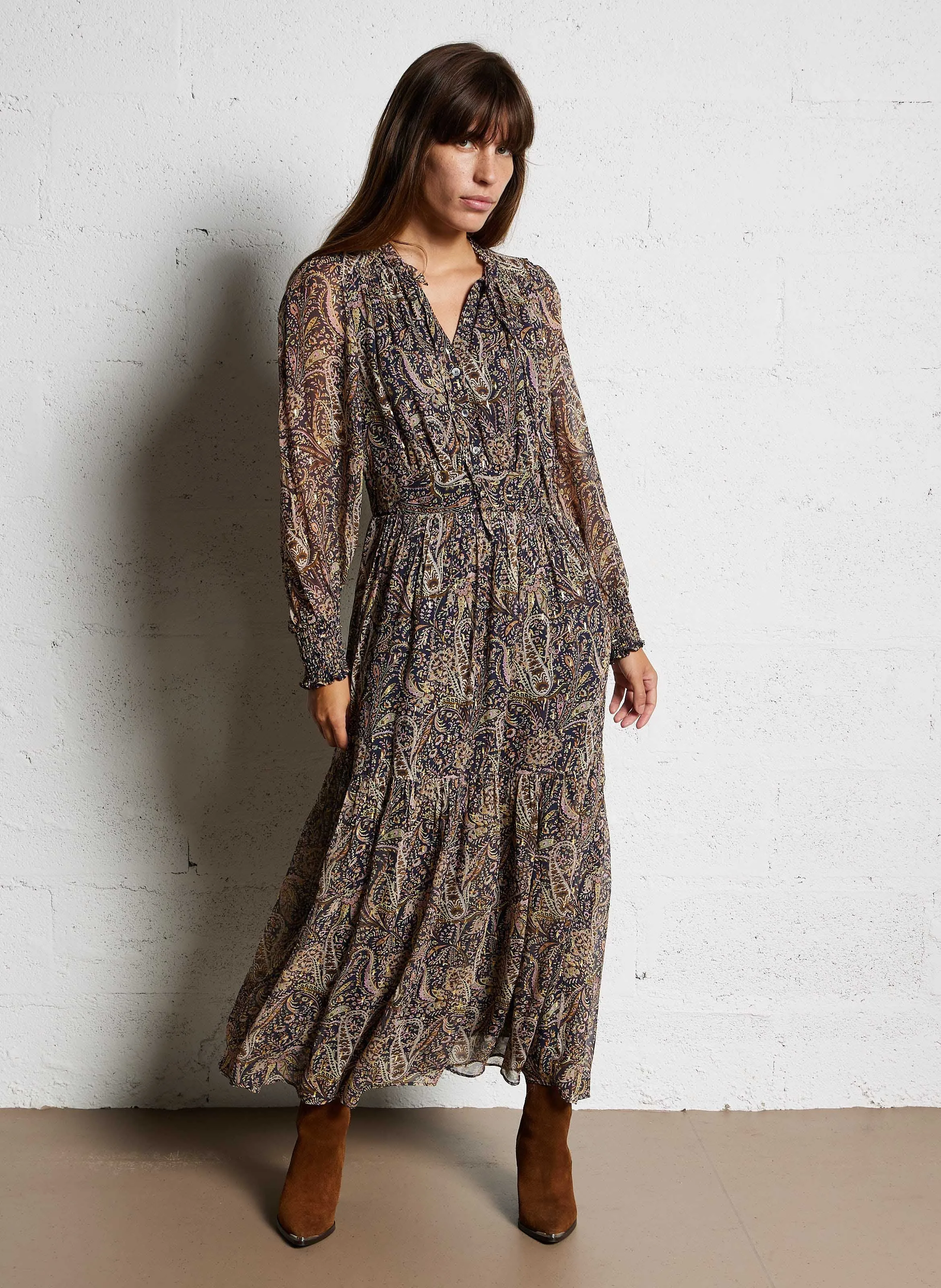 SYBILLE  ROBE LONGUE COL V IMPRIMéE EN AZUL