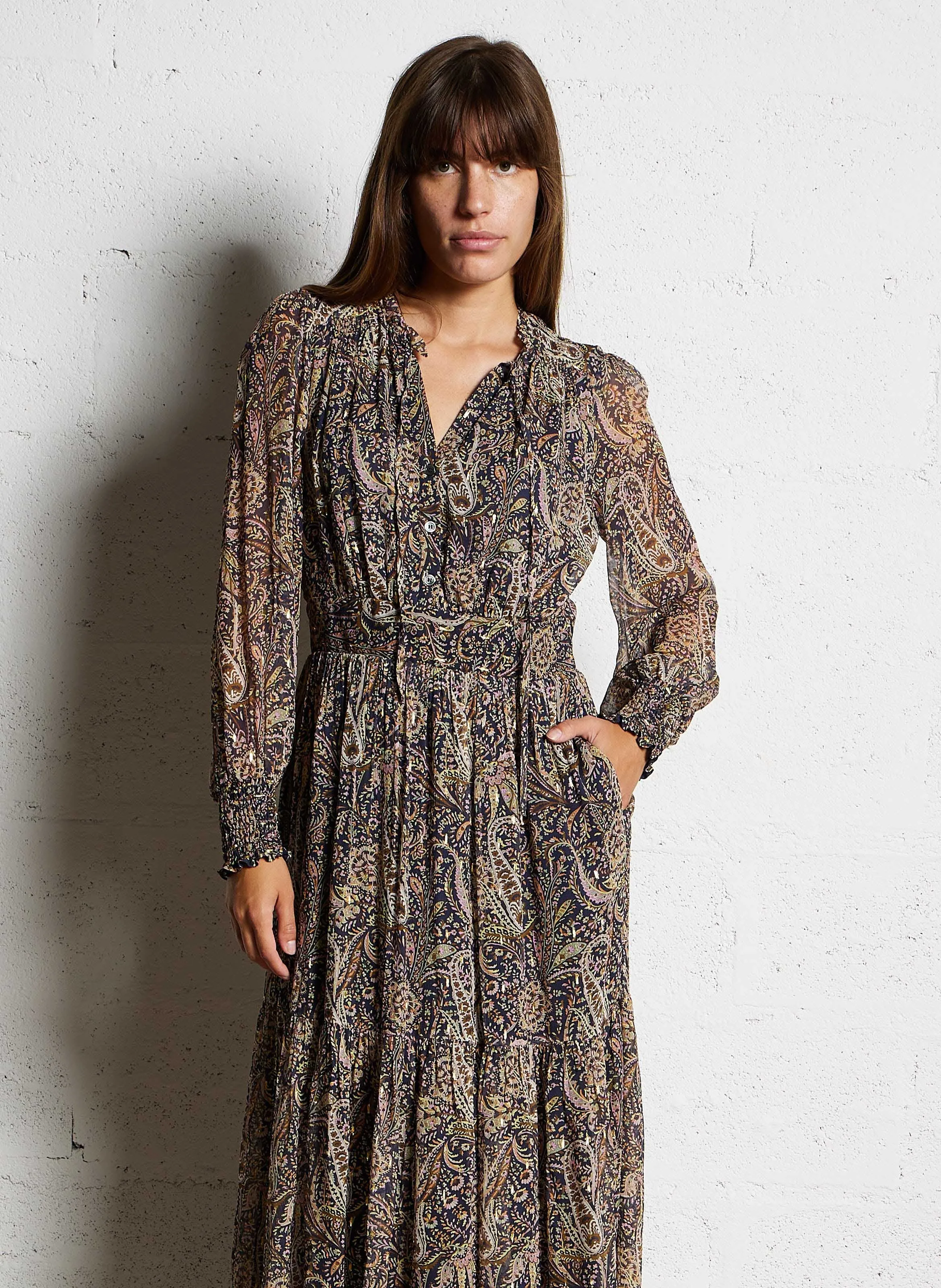 SYBILLE  ROBE LONGUE COL V IMPRIMéE EN AZUL
