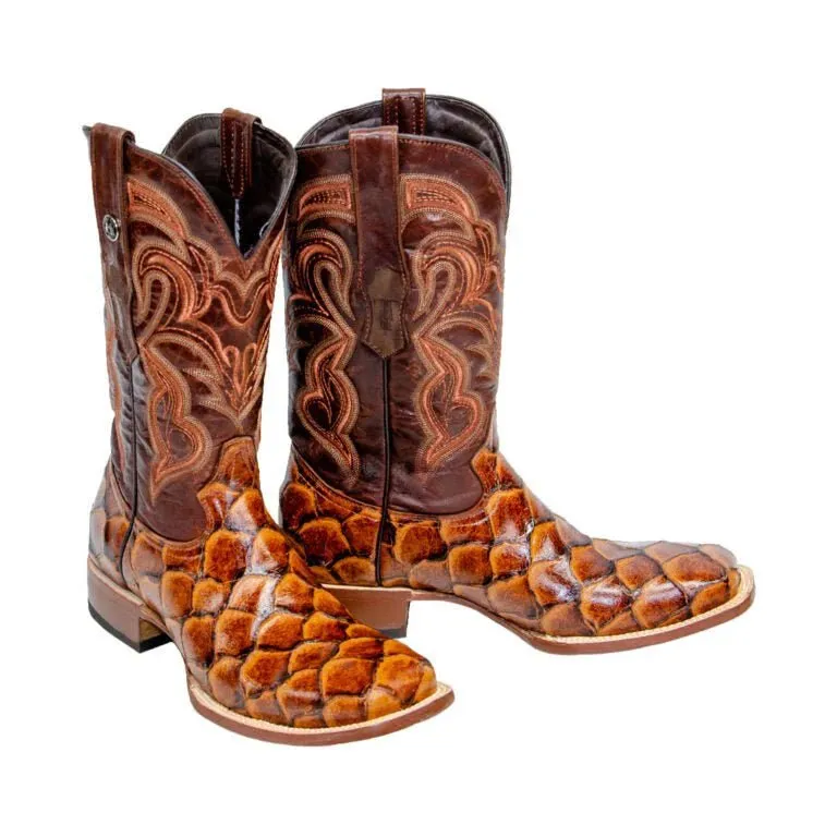 Tanner Mark Men's Print Monster Fish Square Toe Boots Cognac TM201715