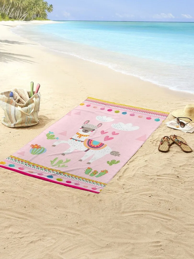 TOALLA DE PLAYA CON ESTAMPADO DE LLAMA  ROSA