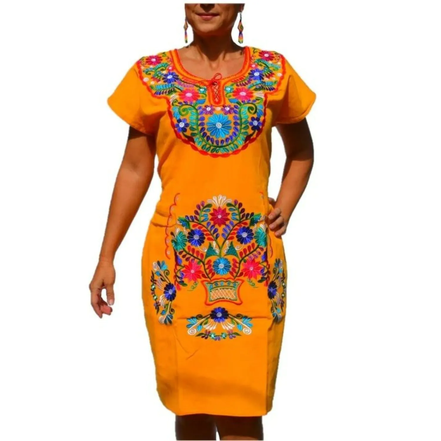 VESTIDO ARTESANAL FINO BORDADO COLOR AMARILLO PARA MUJER IMP77126